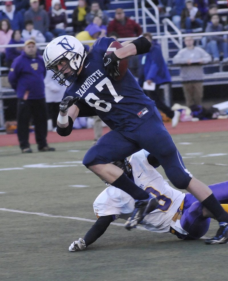 Nate Shields-Auble of Yarmouth comes up with big plays in big games, including this catch at tight end against Bucksport in the Class C state final last season, and hopes to lead his team to a third straight title.