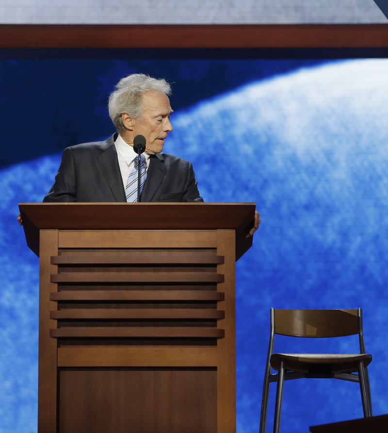 Clint Eastwood carries on a kooky, long-winded conversation with an imaginary President Obama on Thursday night at the Republican National Convention in Tampa, Fla.