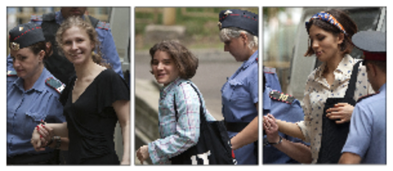 Members of Pussy Riot, a Russian feminist punk rock band, are escorted by officers to a courtroom in Moscow on Tuesday. They are, in photos from left: Maria Alekhina, Yekaterina Samutsevich and Nadezhda Tolokonnikova. They are charged with hooliganism.