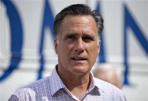 Republican presidential candidate, former Massachusetts Gov. Mitt Romney speaks with the news media after making a stop at the "New Hampshire Veterans and Military Families for Mitt" event in Concord, N.H., Thursday, Sept. 6, 2012. (AP Photo/Evan Vucci)