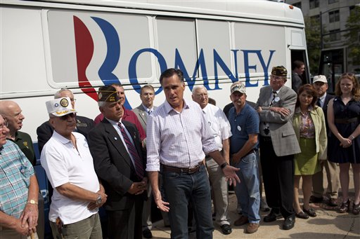 Republican presidential candidate, former Massachusetts Gov. Mitt Romney speaks with the news media after making a stop at the "New Hampshire Veterans and Military Families for Mitt" event, Thursday, Sept. 6, 2012, in Concord, N.H. (AP Photo/Evan Vucci)