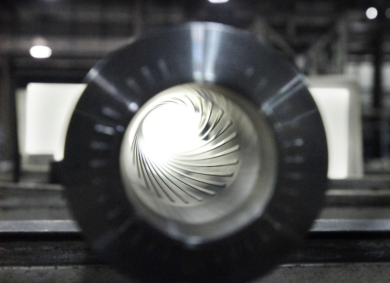 This January 2007 file photo shows rifling on a machine gun barrel manufactured at the General Dynamics Armament and Technical Products Operation in Saco. General Dynamics announced it would lay off 30 hourly and salaried employees at the Maine plant.