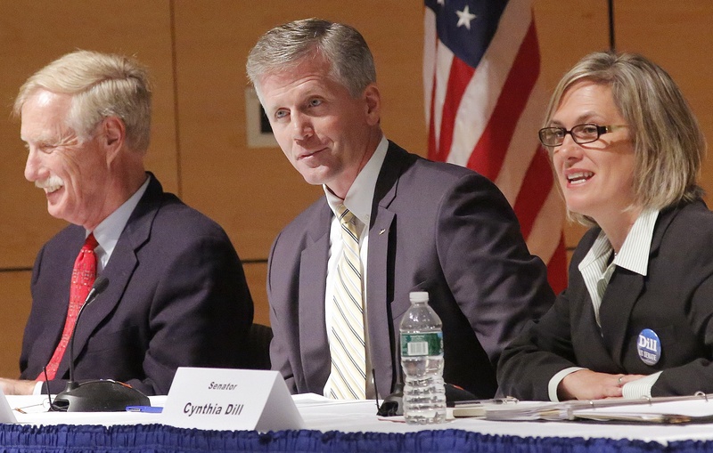 U.S. Senate cadidates, from left, independent Angus King, Republican Charlie Summers and Democrat Cynthia Dill participate in a debate at the University of Southern Maine in Portland on Sept. 13.