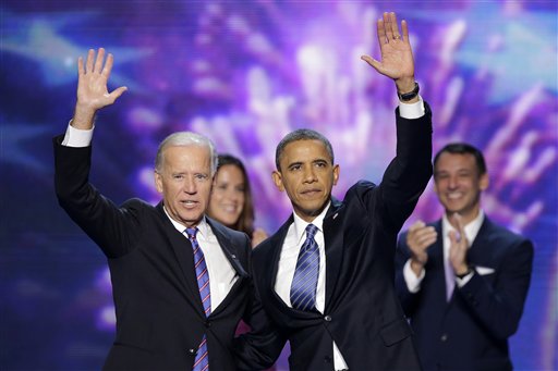 Vice President Joe Biden and President Barack Obama wave to the delegates at the conclusion of Presdident Obama's speech at the Democratic National Convention in Charlotte, N.C., on Thursday, Sept. 6, 2012. (AP Photo/J. Scott Applewhite)