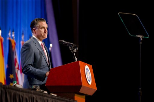 Republican presidential candidate, former Massachusetts Gov. Mitt Romney speaks to members of the National Guard Association Convention in Reno, Nev., Tuesday, Sept. 11, 2012. (AP Photo/Scott Sady) romney;nevada;reno;election