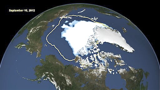 This image made available by NASA shows the amount of summer sea ice in the Arctic on Sunday, Sept. 16, 2012, at center in white, and the 1979 to 2000 average extent for the day shown, with the yellow line. Scientists say sea ice in the Arctic shrank to an all-time low of 1.32 million square miles on Sept. 16, 2012, smashing old records for the critical climate indicator. 