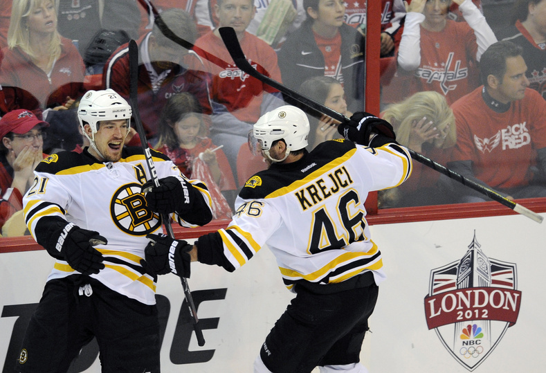 Bruins defenseman Andrew Ference (21) celebrates his goal with David Krejci (46) during Game 6 of the Stanley Cup first-round playoff series between Boston and the Washington Capitals in April.