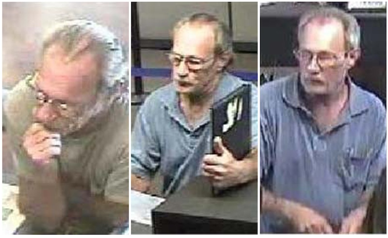 These surveillance photos provided by the Federal Bureau of Investigation's St. Louis Division shows a serial bank robber dubbed the Bucket List Bandit on, from left: June 21, June 27 and July 6, 2012. The FBI is using digital billboards around the country in the search for the man who is suspected of robberies in Missouri, Colorado, Arizona, Idaho, Utah, North Carolina, Tennessee and Illinois. He earned his nickname after he passed a note in one of the robberies claiming he had a short time to live. (AP Photo/FBI)