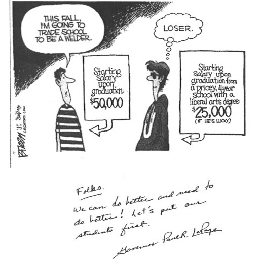 A cartoon by syndicated editorial cartoonist Steve Breen of the San Diego Union-Tribune, which was mailed to Maine principals by Gov. Paul LePage along with a hand-written note.