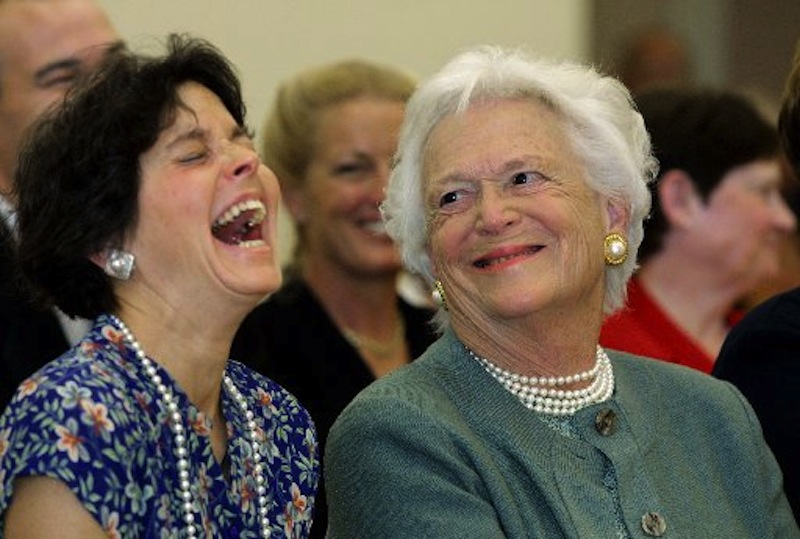 Former First Lady Barbara Bush, right, shares a laugh with former Maine First Lady Mary Herman, left, in this June 2001 file photo. Angus King's campaign is blasting a conservative website's attack on Ms. Herman, his wife, as crossing the line. (AP Photo/Joel Page)