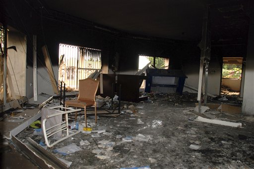 Glass, debris and overturned furniture are strewn inside a room in the gutted U.S. consulate in Benghazi, Libya, after an attack that killed four Americans, including Ambassador Chris Stevens.