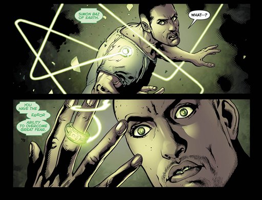 This image provided by DC Comics via Bender/Helper Impact shows interior panels of the November 2012 issue of the latest Green Lantern series featuring the character Simon Baz, DC Comics most prominent Arab-American superhero and the first to wear a Green Lantern ring.