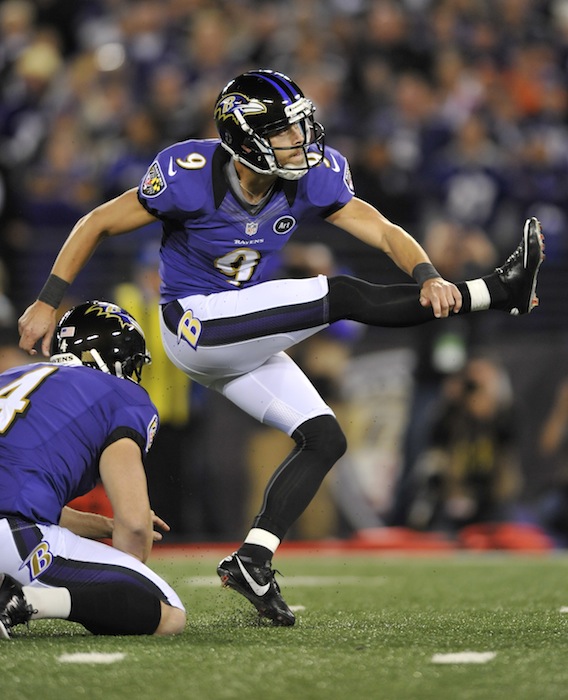 Baltimore Ravens kicker Justin Tucker watches his game-winning field goal in the final moments of an NFL football game against the New England Patriots in Baltimore, Sunday, Sept. 23, 2012. Baltimore won 31-30. (AP Photo/Gail Burton) NFLACTION12;