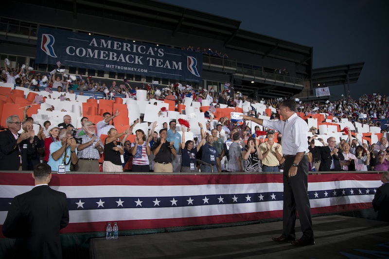 Republican presidential candidate, former Massachusetts Gov. Mitt Romney arrives for a campaign rally on Friday, Sept. 7, 2012 in Nashua, N.H. (AP Photo/Evan Vucci)