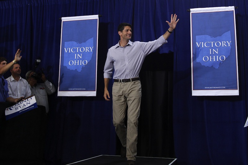 Republican vice presidential candidate, Rep. Paul Ryan, R-Wis. arrives at a campaign event at the Westlake Recreation Center, Tuesday, Sept. 4, 2012 in Westlake, Ohio. (AP Photo/Mary Altaffer)