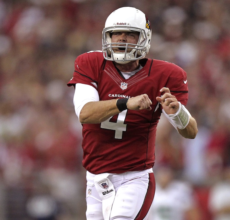 Arizona Cardinals quarterback Kevin Kolb (4) celebrates his toudhdown pass against the Seattle Seahawks during the second half of an NFL football game, Sunday, Sept. 9, 2012, in Glendale, Ariz. Kolb replaced John Skelton, who was injured and left the game. (AP Photo/Paul Connors)
