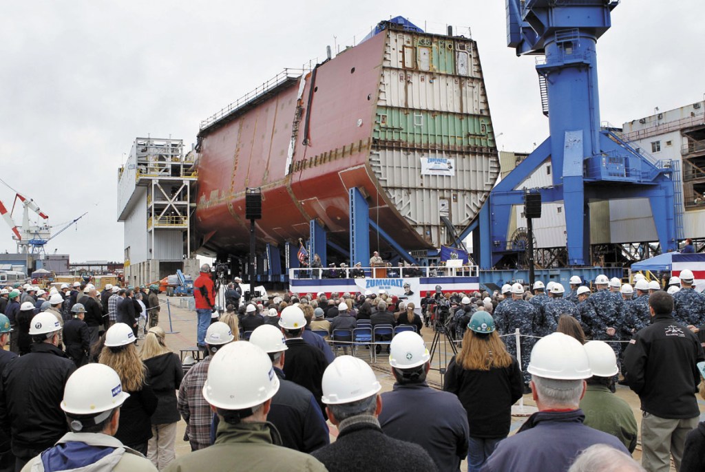 Bath Iron Works holds a keel laying ceremony Thursday to mark the completion of the first hull segment of the future USS Zumwal in Bath. The Zumwalt is the biggest Navy ship built in Bath since delivery of an oil tanker to the Military Sealift Command in 1984.
