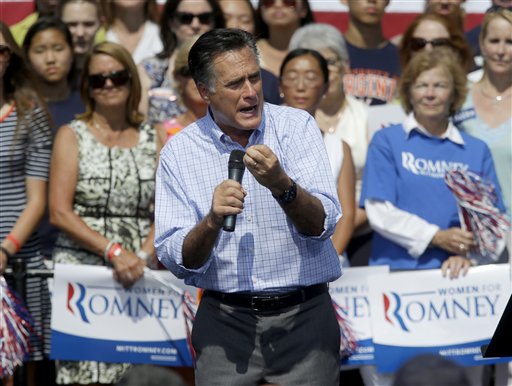 Republican Presidential candidate, former Massachusetts Gov. Mitt Romney speaks during a campaign event at Van Dyck Park, Thursday, Sept. 13, 2012, in Fairfax, Va. (AP Photo/Pablo Martinez Monsivais)