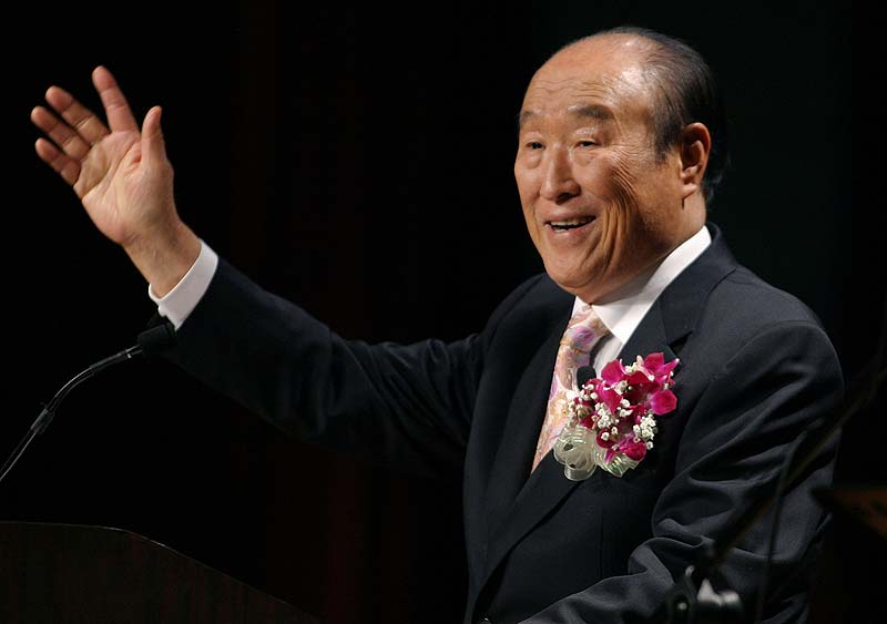 In this 2005 file photo, Unification Church leader Rev. Sun Myung Moon speaks during his "Now is God's Time" rally in New York. Moon, self-proclaimed messiah who founded Unification Church, has died at age 92 church officials said.