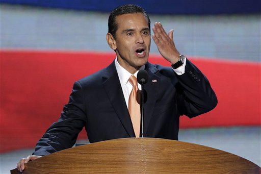 Los Angeles Mayor and Democratic Convention Chairman Antonio Villaraigosa blows a kiss to he delegates at the Democratic National Convention in Charlotte, N.C., on Tuesday, Sept. 4, 2012. President Barack Obama may face the voters in two months, but several Democrats are already laying the groundwork for a future White House run. Up-and-coming Democratic stars like Maryland Gov. Martin O'Malley, Virginia Sen. Mark Warner, Booker and others, including Villaraigosa, are making the rounds before state delegations and at private events surrounding the Democratic National Convention in Charlotte. (AP Photo/J. Scott Applewhite)