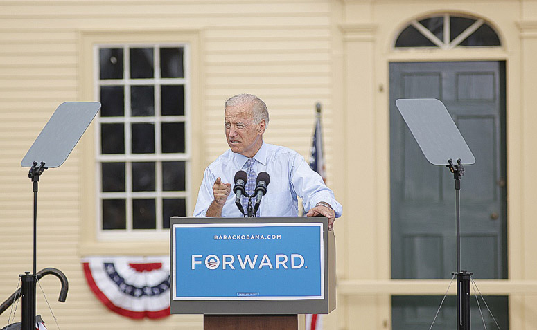 Vice President Joe Biden speaks at a rally in Portsmouth, N.H., Friday at a campaign stop with President Barack Obama, first lady Michelle and Jill Biden.