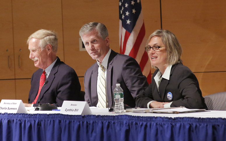 U.S. Senate candidates Angus King, Charlie Summers and Cynthia Dill, left to right, participate in a debate at the University of Southern Maine in Portland on Thursday.