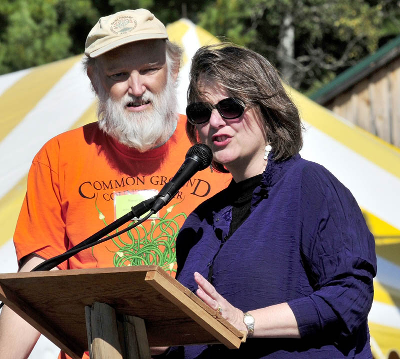 Maine Organic Farmers and Gardeners Association Executive Director Russell Libby introduces Kathleen Merrigan at the Common Ground Country Fair on Sunday.