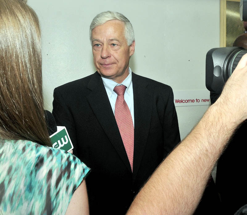 U.S. Rep. Mike Michaud is interviewd during a tour at the New Balance shoe factory in Norridgewock on Thursday.