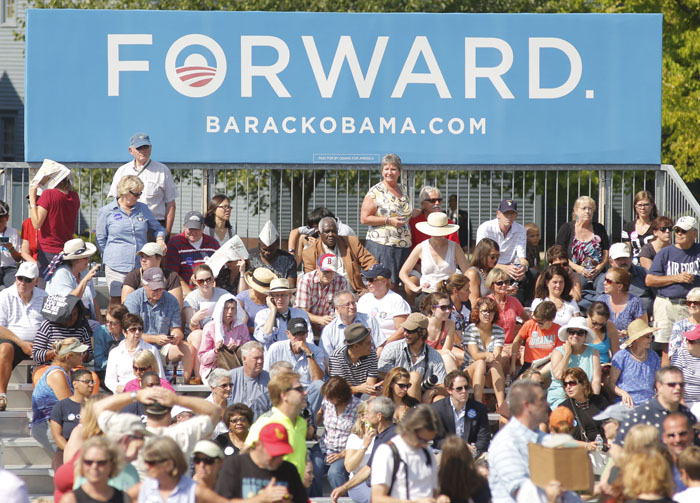Supporters start filling the stands along a field at Strawbery Banke Museum in Portsmouth, N.H., hours before President Obama's speech on Friday.