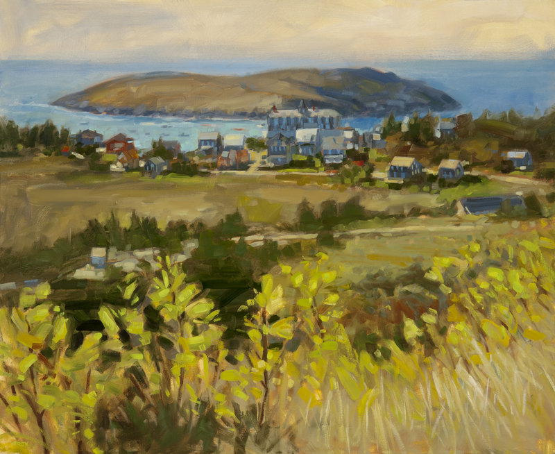 “Bird’s Eye View, Monhegan,” from “Philip Frey: New Paintings,” opening Thursday at Gleason Fine Art in Boothbay Harbor.