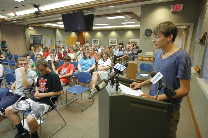 Jack Sullivan, the Scarborough High School senior class president, addresses an Aug. 16 School Board discussion on the student parking fee, which was halved because of student opposition. A reader says the new fee will help make up for cuts in state aid to education.