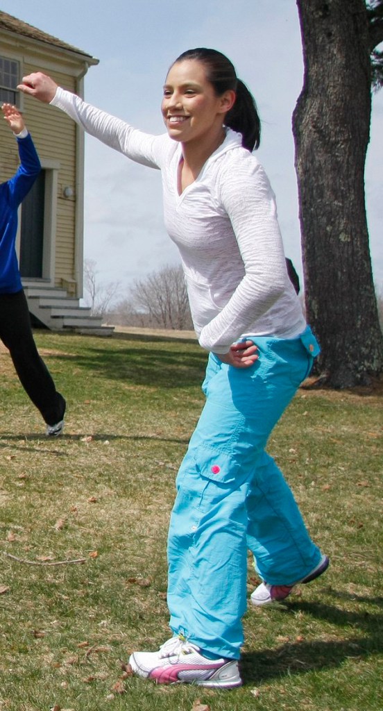 Alexis Wright demonstrates Zumba at a festival in Wells last year. According to a police affidavit, searches of Wright’s office yielded evidence of prostitution.
