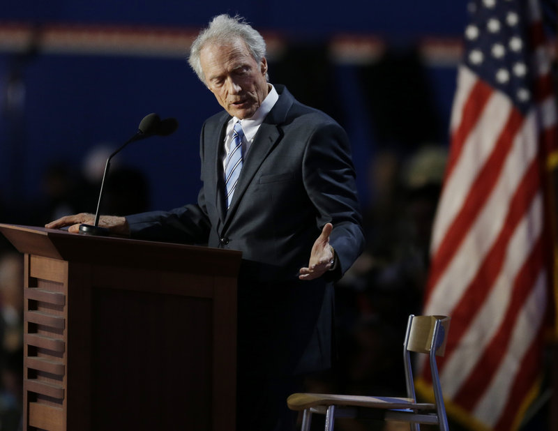 Clint Eastwood addresses an invisible President Obama at the Republican National Convention last week. Obama says he's still a huge fan of the actor.