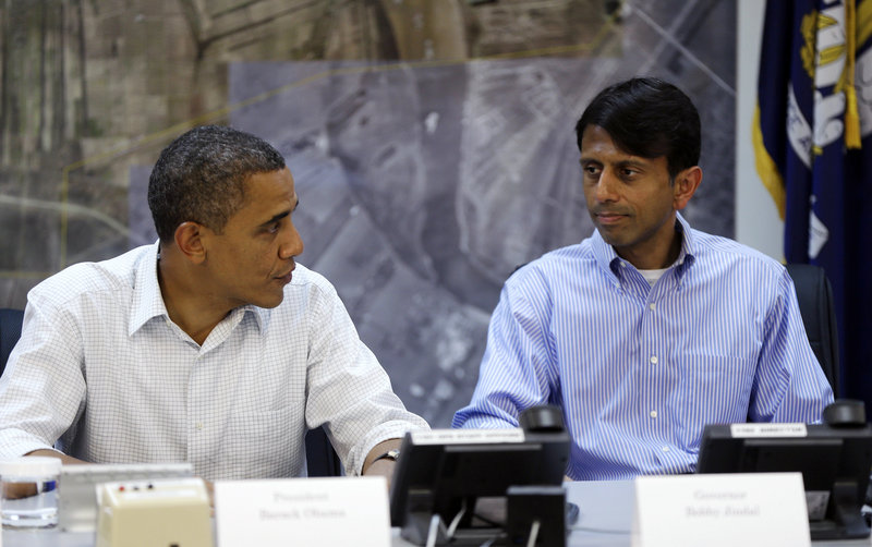 President Obama and Gov. Bobby Jindal hold a briefing on Monday about disaster relief in LaPlace, La., an area flooded by Hurricane Isaac.