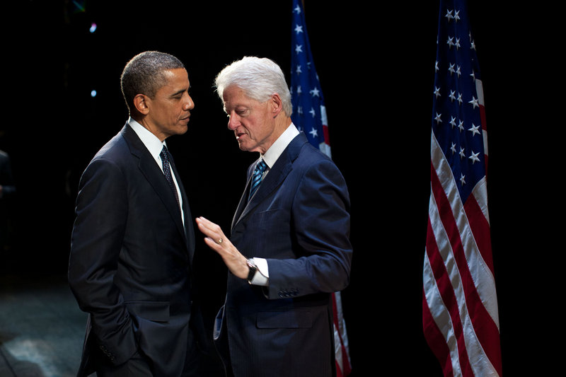 President Obama talks with former President Bill Clinton backstage at a New York City theater in June. Clinton’s speech at the Democratic convention is Wednesday night.