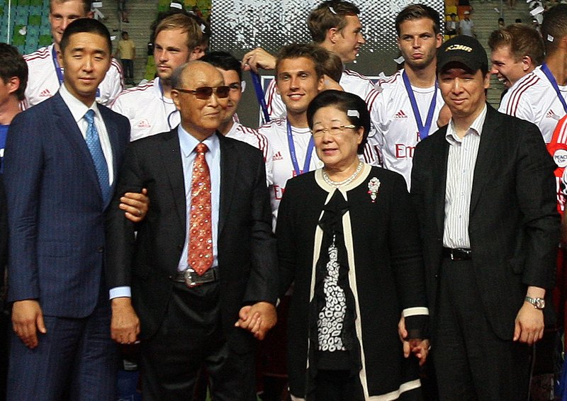 The Rev. Sun Myung Moon, founder of the Unification Church, second from left, poses with his wife, Hak Ja Han Moon, second from right, and his sons the Rev. Hyung-jin Moon, left, and Kook Jin Moon, in Suwon, South Korea, on July 22.