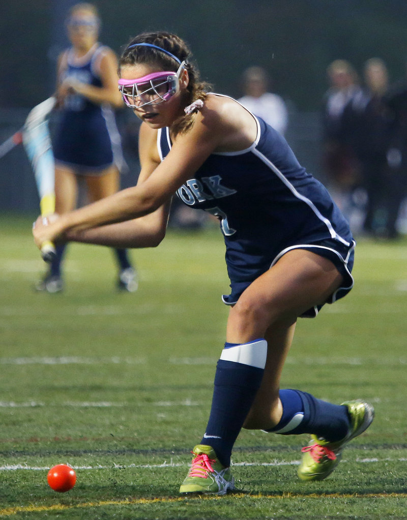 Taylor Simpson of York winds up to unleash a shot Tuesday. She scored the only goal in the victory against Cape Elizabeth.