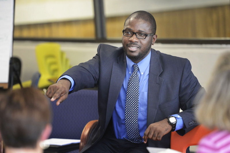 Portland Superintendent Emmanuel “Manny” Caulk leads a listening session at the Reiche Elementary School in Portland on Wednesday.
