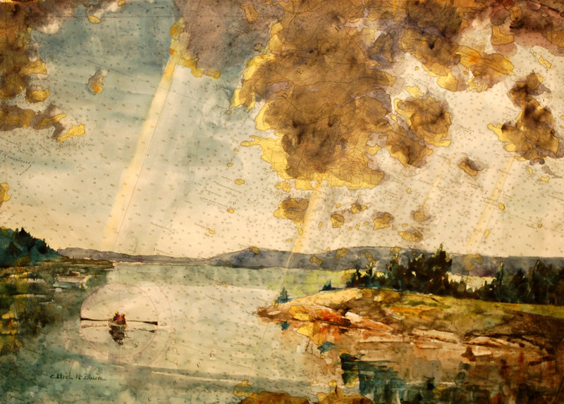 Ethel Halsey Blum’s watercolor “Charted Island (Merchants Island, Maine).”