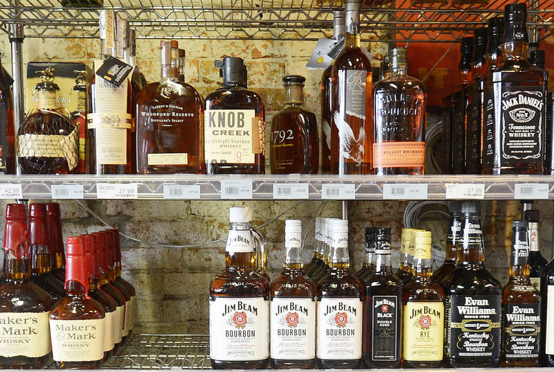 Liquor is on display at Downeast Beverage on Commercial Street in Portland on Thursday.