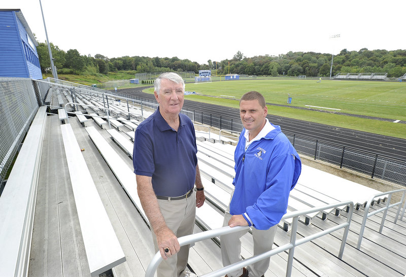 Fern Masse, left, former Lewiston High School athletic director, and Jason Fuller, the current AD, want to renovate sports fields at the city-owned Franklin Pasture Sports Complex in Lewiston by selling naming rights – not only for the complex, but for individual fields, concession stands and scoreboards, too.