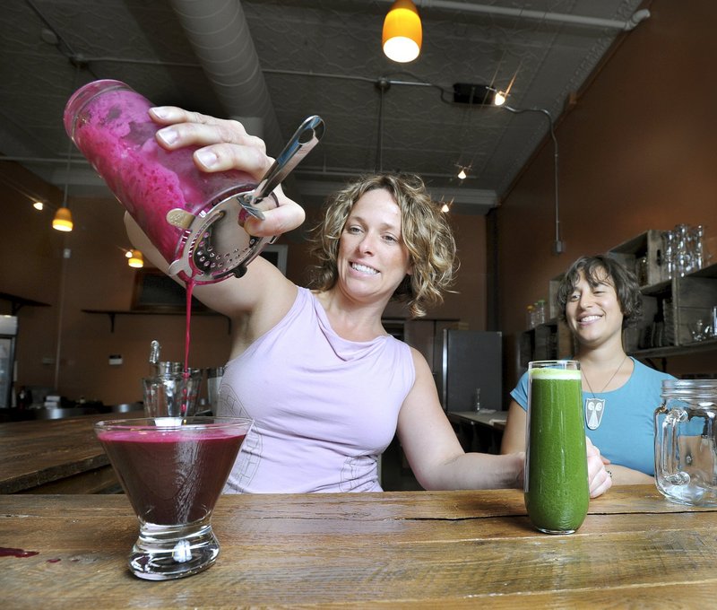 Kathleen Flanagan, left, and Jeanette Richelson have opened Roost House of Juice on Free Street in Portland, serving all organic, gluten-free and raw juices, smoothies, breakfast, snacks, light meals and wine.