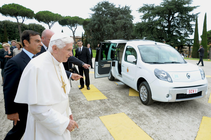 Pope Benedict XVI is given an electric car Wednesday, a white Renault Kangoo for jaunts around the gardens of the papal summer residence at Castel Gandolfo.