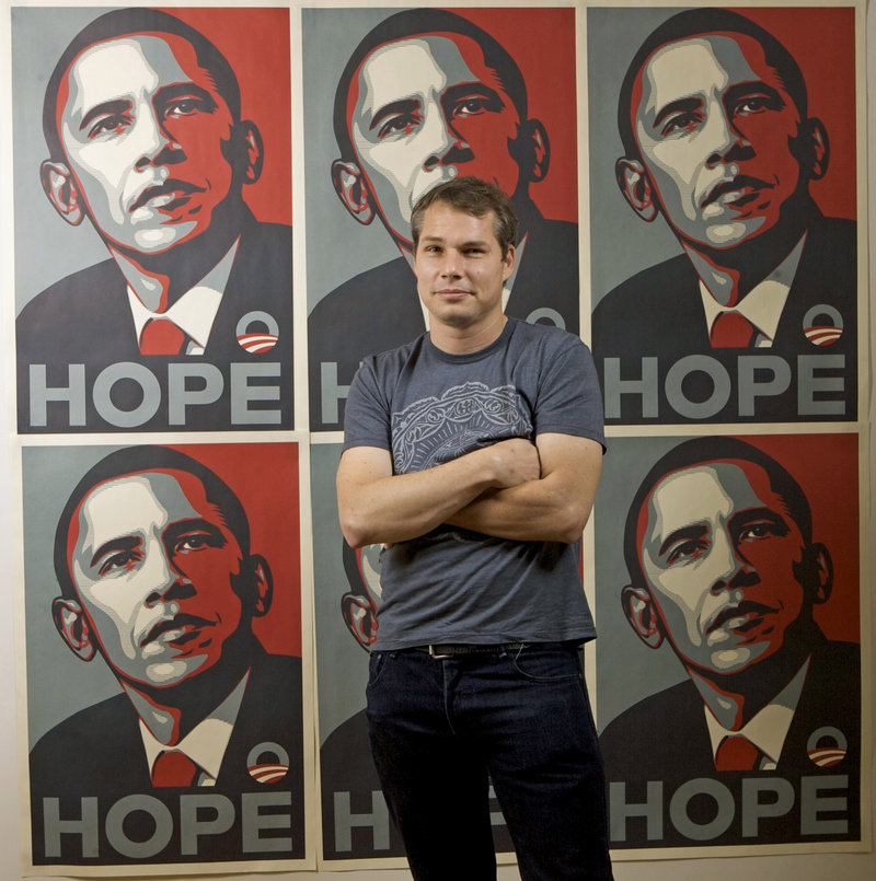 Los Angeles street artist Shepard Fairey, seen in 2009 with his Barack Obama Hope artwork, was sentenced for destroying and fabricating documents in a civil lawsuit.