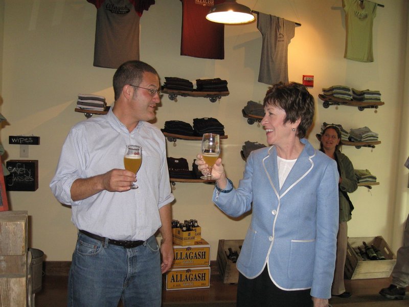 Rob Tod of Allagash and Sen. Susan Collins during the senator’s brewery tour.