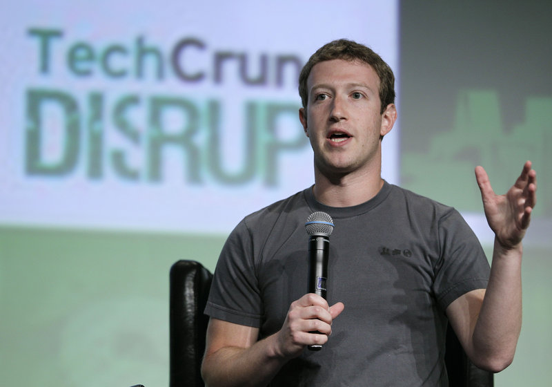 Facebook’s Mark Zuckerberg speaks during a “fireside chat” at a conference organized by technology blog TechCrunch in San Francisco on Tuesday – his first interview since the company’s rocky IPO in May.