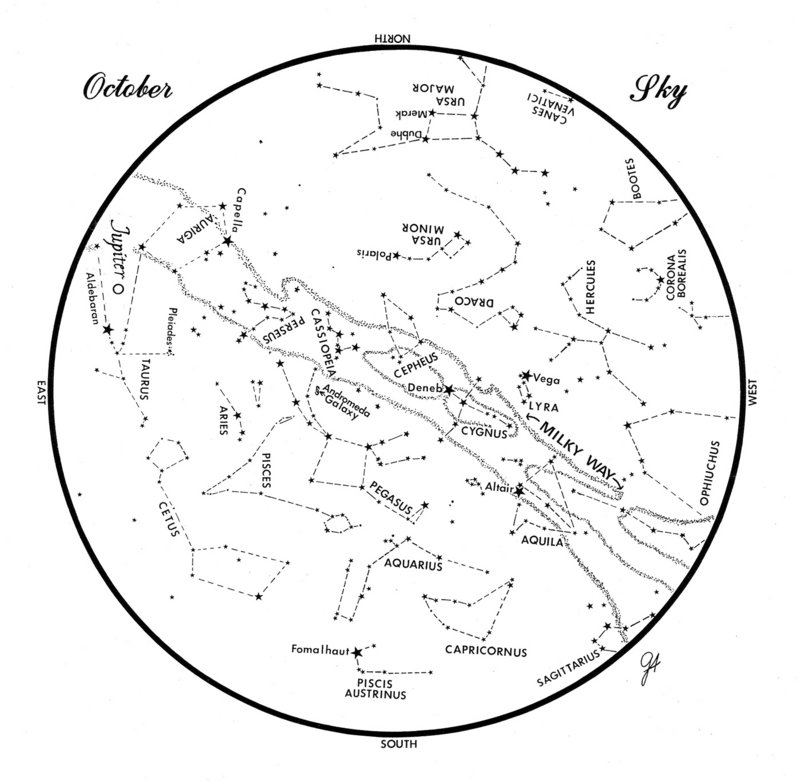 SKY GUIDE: This chart represents the sky as it appears over Maine during October. The stars are shown as they appear at 10:30 p.m. early in the month, at 9:30 p.m. at midmonth and at 8:30 p.m. at month’s end. Jupiter is shown in its midmonth position.