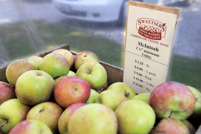 Apples sit for sale at Sweetser’s Apple Barrel and Orchards in Cumberland.
