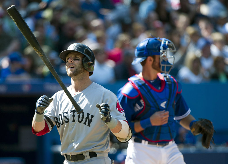 Boston’s Dustin Pedroia flips his bat after striking out in the third inning of a 5-0 shutout at Toronto on Sunday. The Red Sox squandered chances early in the game, putting runners in scoring position in three of the first four innings.