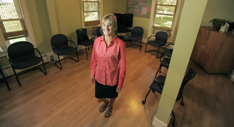 Randi Sheehan, the clinical supervisor of Crossroads, stands in the studio at Crossroads' Windham facility where she teaches yoga and other group-therapy exercises to pregnant and post-partum women undergoing substance-abuse treatment.